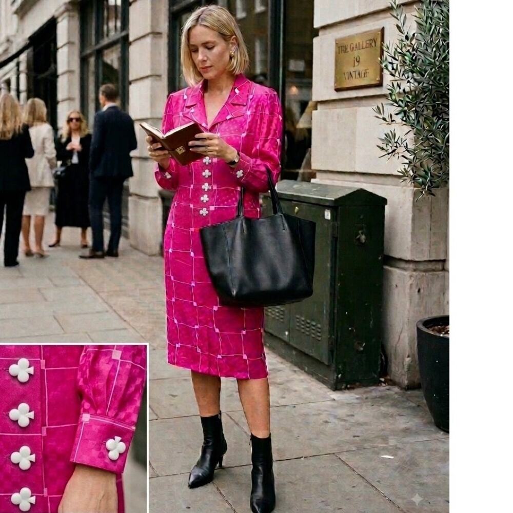 VTG 80s Karen Leonard Pink Silk Shirt Dress Novelty Shamrock Clover Button 12⁠